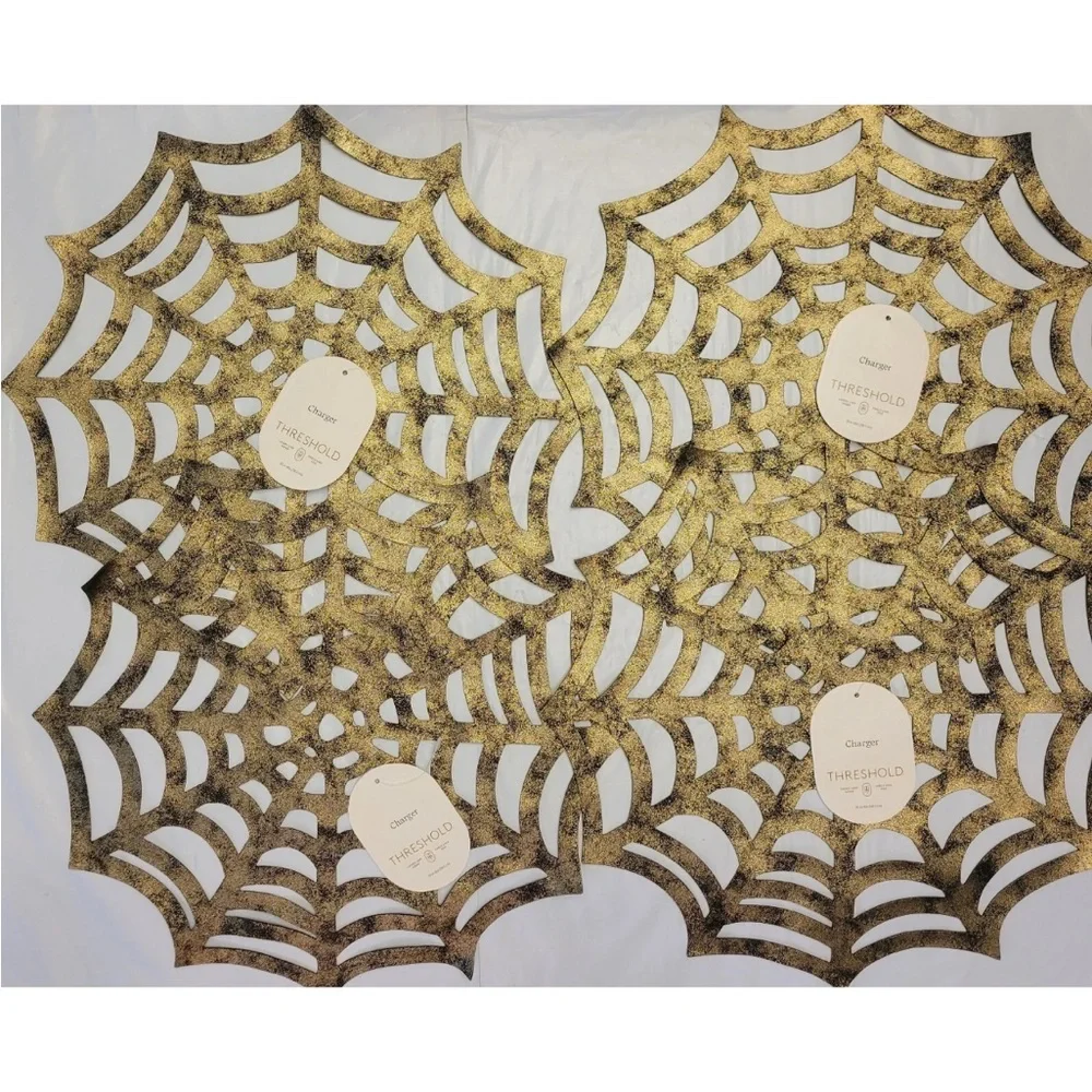 Threshold Halloween Spiderweb Placemats Set Of 4 Faux Leather Gold Tone 15”